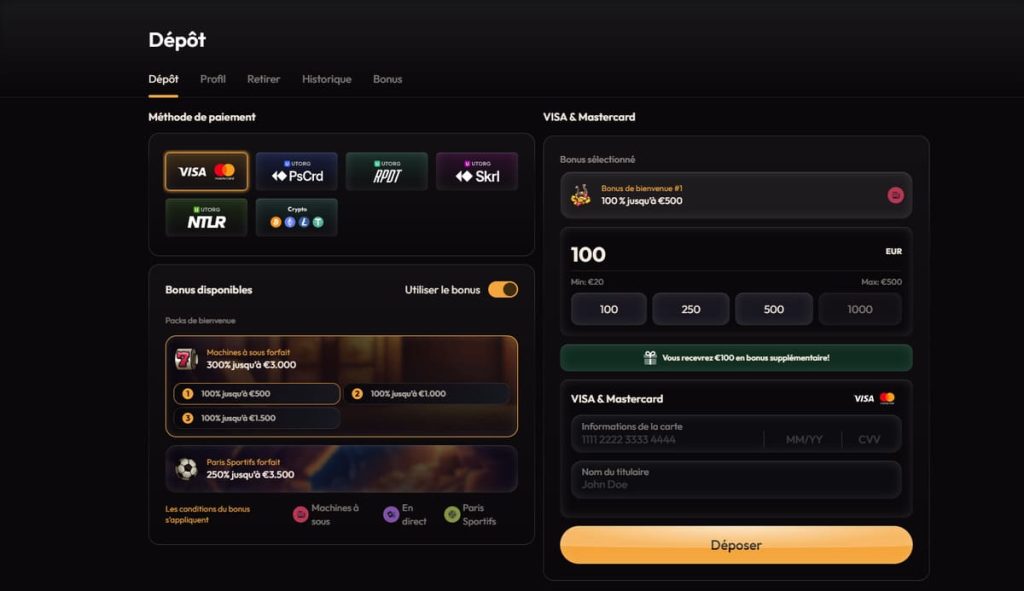 Madcasino moyens paiement depot